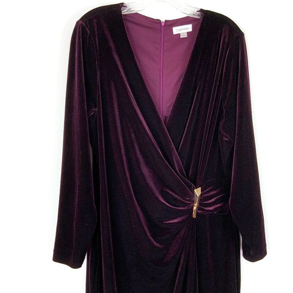 Calvin  Klein Velour Velvet Burgundy Wrap Long Sleeve Dress Sz 14W - Picture 16 of 16